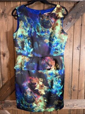 Abstract Galaxy Peplum Mini Dress in Blue-Green Print